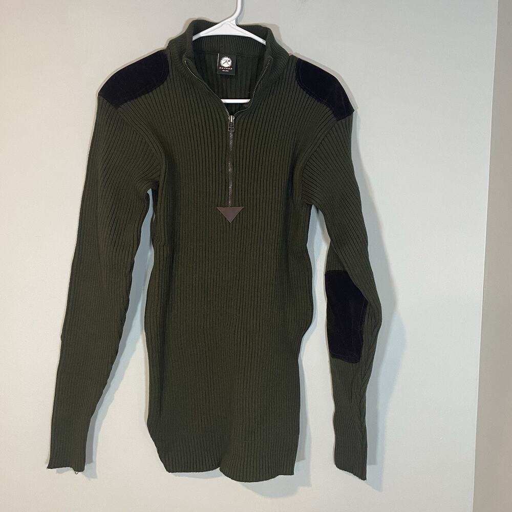 Rothco Military Commando Sweater Men’s L Green Rib Knit‎ Shoulder Elbow Patches